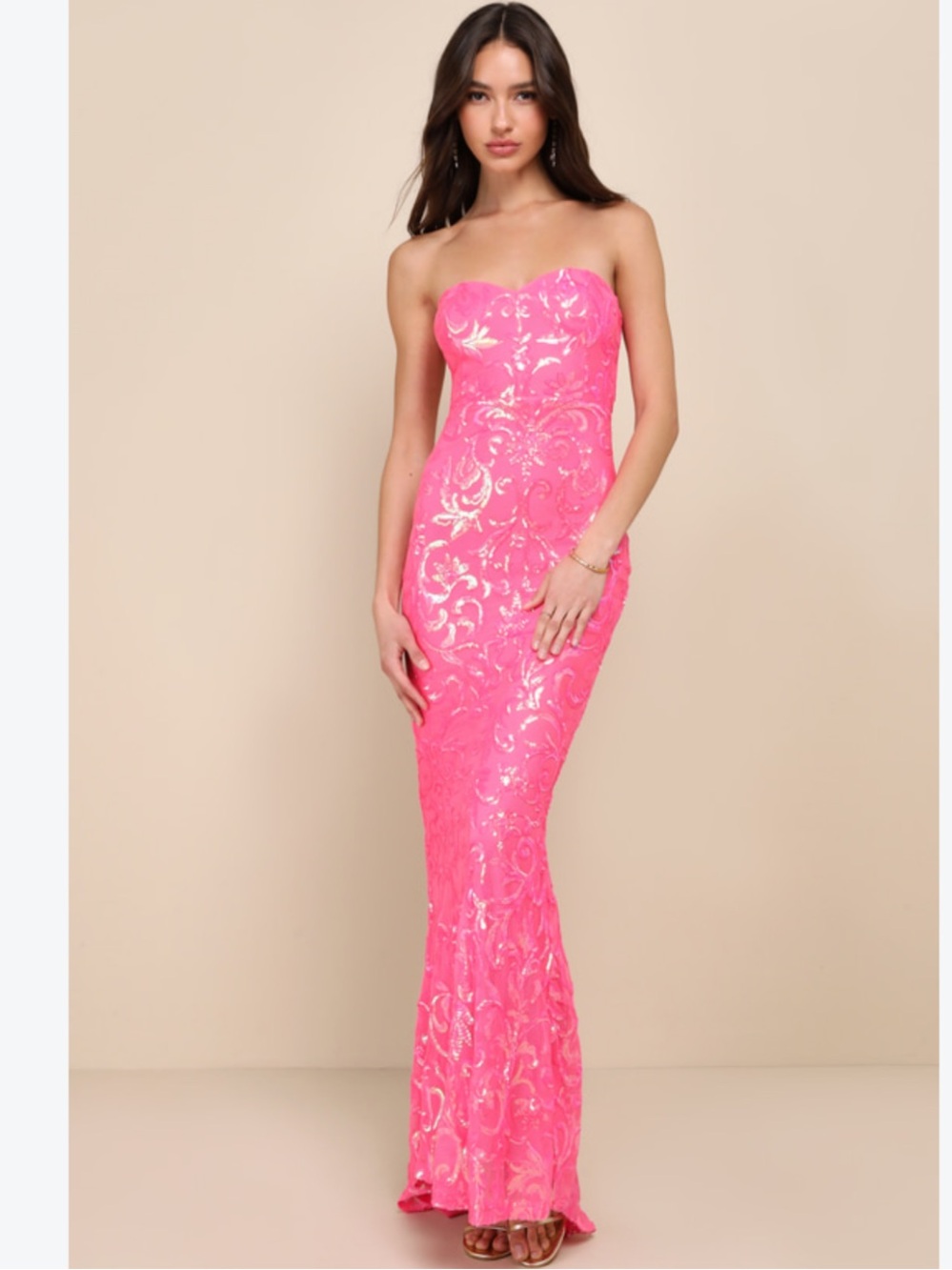 Lulus NWT M Strapless Sequin Mermaid Gown in Hot Pink